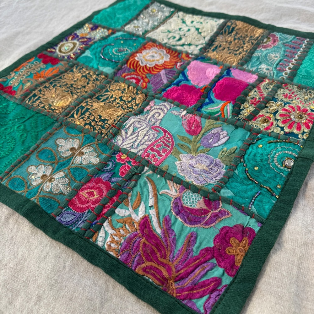 Vintage Patchwork Pillow Cover 16x16 Teal Green Boho Embroidered Sequin Beaded